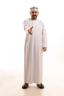 Omani Man in Traditional Dress Handshake White Background