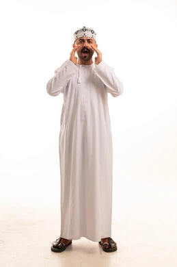 Omani Man in Traditional Dress Shouting on White Background