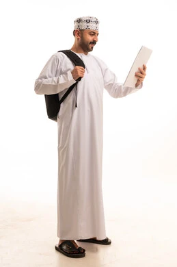 Omani Man in Traditional Dress with Digital Tablet
