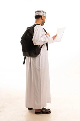 Omani Man with Backpack and Document on White Background