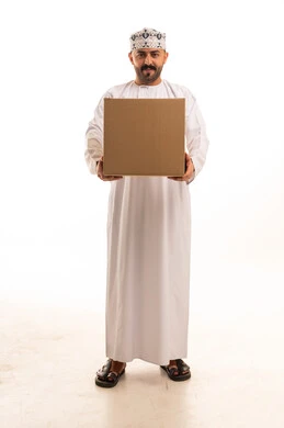 Omani Man Holding Delivery Box on White Background