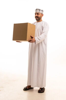 Omani Man Holding Delivery Box on White Background