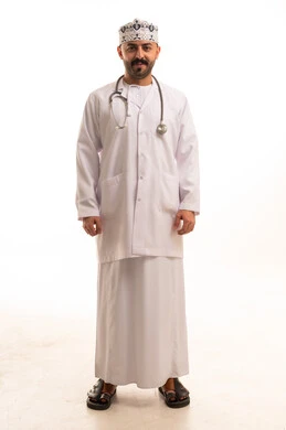 Omani Male Doctor in Medical Lab Coat and Kummah