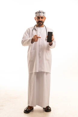 Omani Doctor Holding Smartphone in Lab Coat