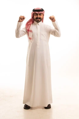 Saudi Man in Traditional Thobe Success Victory Pose