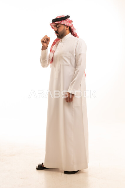 Saudi Man Coughing in Traditional Attire White Background