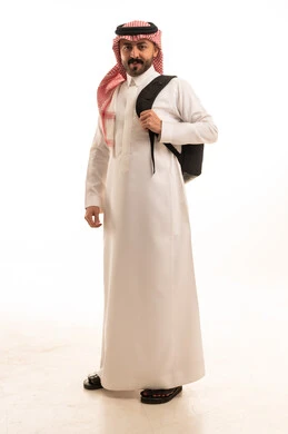 Saudi Man in Traditional Thobe with Backpack Studio Portrait