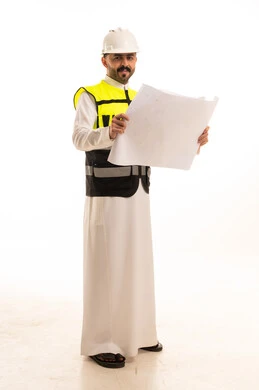 Saudi Engineer in Thobe Holding Construction Blueprint