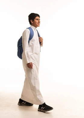 Saudi Student in White Thobe Walking with Backpack