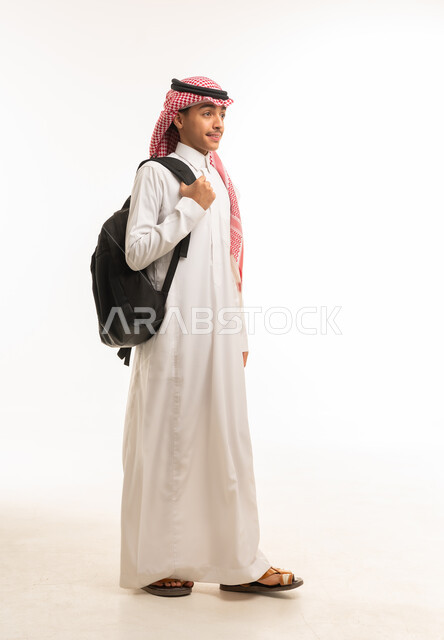 Saudi Male Student with Backpack in White Studio