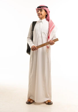 Saudi Student in Thobe with Backpack and Ruler