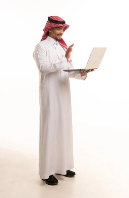 Saudi Man Using Laptop for Video Call on White Background
