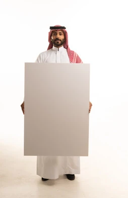 Saudi Man Holding Blank White Board in Studio