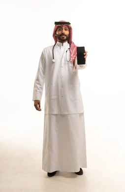 Saudi Male Doctor Holding Smartphone in Lab Coat