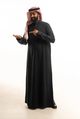 Saudi Man in Black Thobe Gesturing on White Background