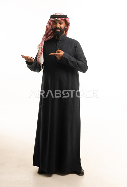 Saudi Man in Black Thobe Presenting on White Background