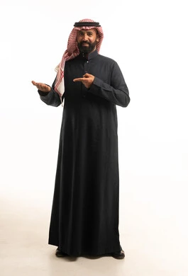 Saudi Man in Black Thobe Presenting on White Background