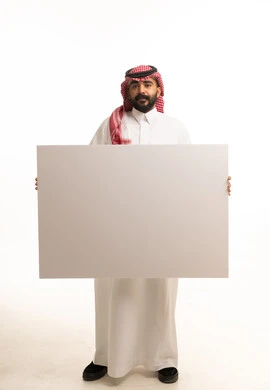 Saudi Man Holding Blank White Board in Studio