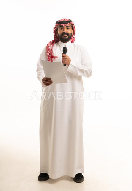 Saudi Man with Microphone on White Background