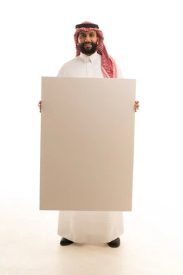 Saudi Man Holding Blank Advertising Board White Background