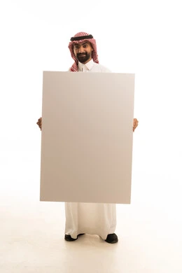 Saudi Man Holding Large Blank White Board in Studio