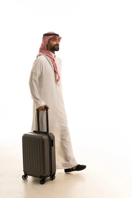 Saudi Man Walking with Suitcase on White Background