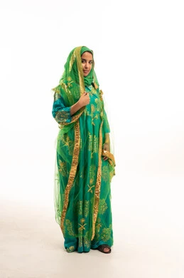 Saudi Woman in Traditional Green Dress with Gold Embroidery
