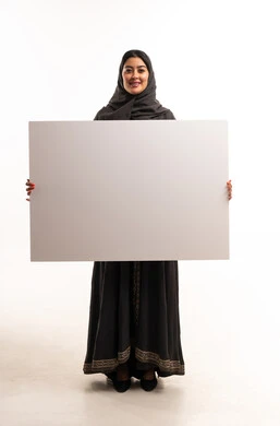 Saudi Woman in Black Abaya Holding Blank Board
