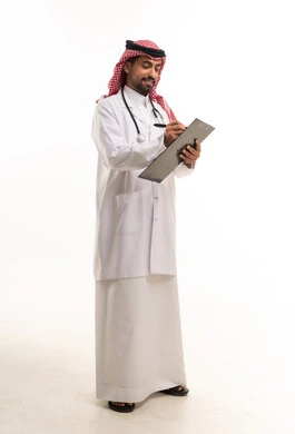 Saudi Male Doctor Writing on Clipboard in Studio