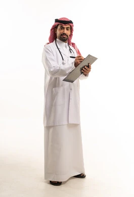 Saudi Male Physician Writing on Clipboard in Studio