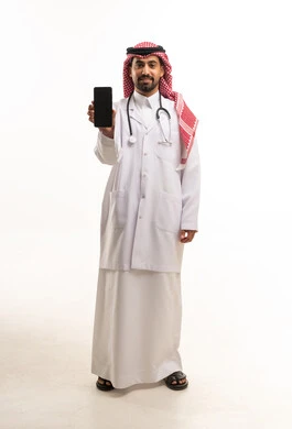 Saudi Male Physician Holding Smartphone on White Background
