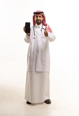 Saudi Male Doctor Holding Smartphone and Thumbs Up