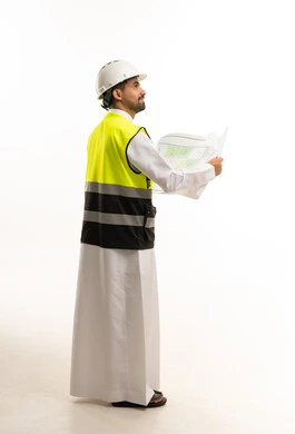 Saudi Engineer in Thobe with Blueprint on White Background