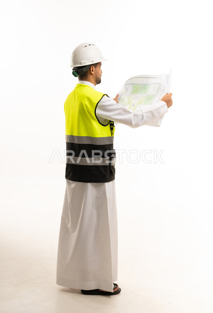 Saudi Engineer with Blueprint on White Background