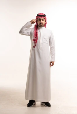 Saudi Man in Traditional Thobe Making Thinking Gesture