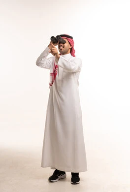 Saudi Man in Thobe Using Binoculars on White Background