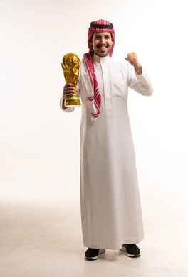 Saudi Man Holding Football World Cup Trophy in Studio