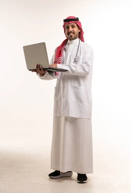 Saudi Male Doctor Holding Laptop in White Lab Coat