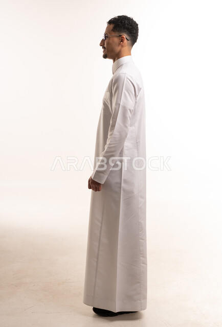 Saudi Man in White Thobe Profile View Studio