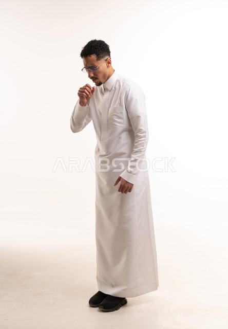 Saudi Man Coughing in White Thobe on White Background
