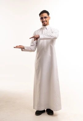 Saudi Man in White Thobe Pointing in Studio