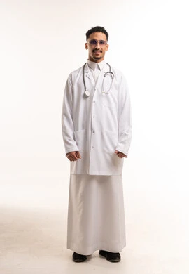 Saudi Male Physician in Lab Coat and Thobe on White