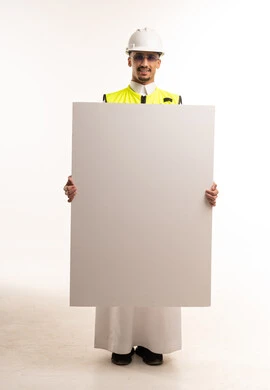 Saudi Engineer Holding Blank Board on White Background