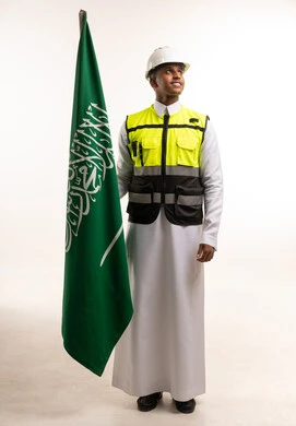Saudi Engineer with National Flag and Safety Gear