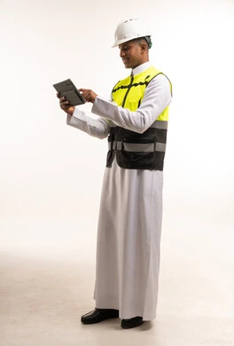 Saudi Engineer in Thobe Using Tablet on White Background
