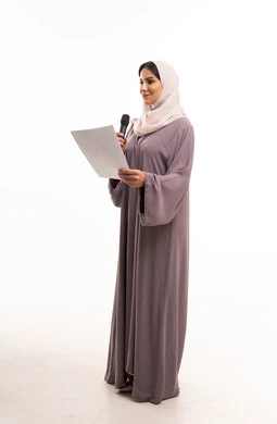 Saudi Woman Presenter in Abaya Holding Microphone
