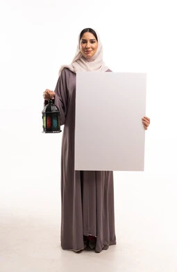 Arab Woman Holding Ramadan Lantern and Blank Board