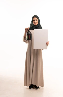 Saudi Woman with Ramadan Lantern and Blank White Board