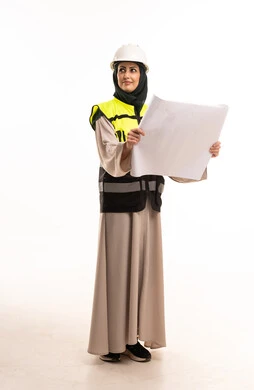 Arab Female Engineer Wearing Hijab Holding Construction Blueprints