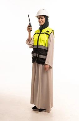 Saudi Female Engineer Abaya Holding Walkie-Talkie Studio